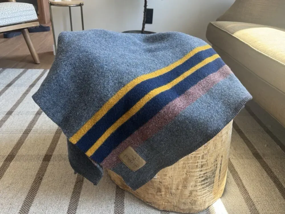 Pendleton Yakima Camp Blanket Throw Lake Blue Stripe Virgin Wool 48” X 65”